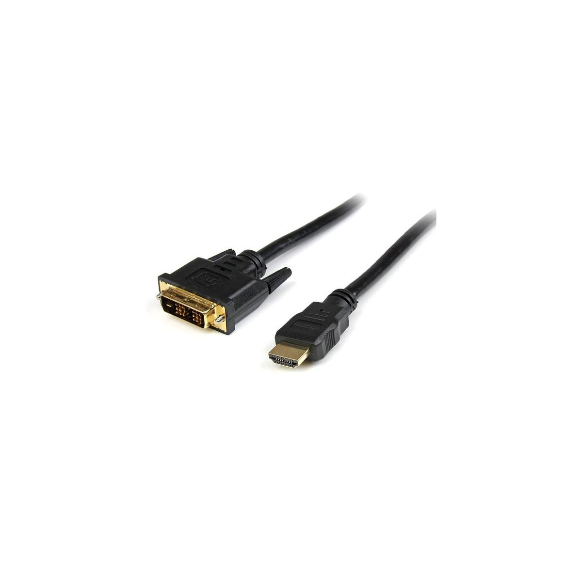 Un cable DVI a HDMI negro con conectores dorados sobre fondo blanco.