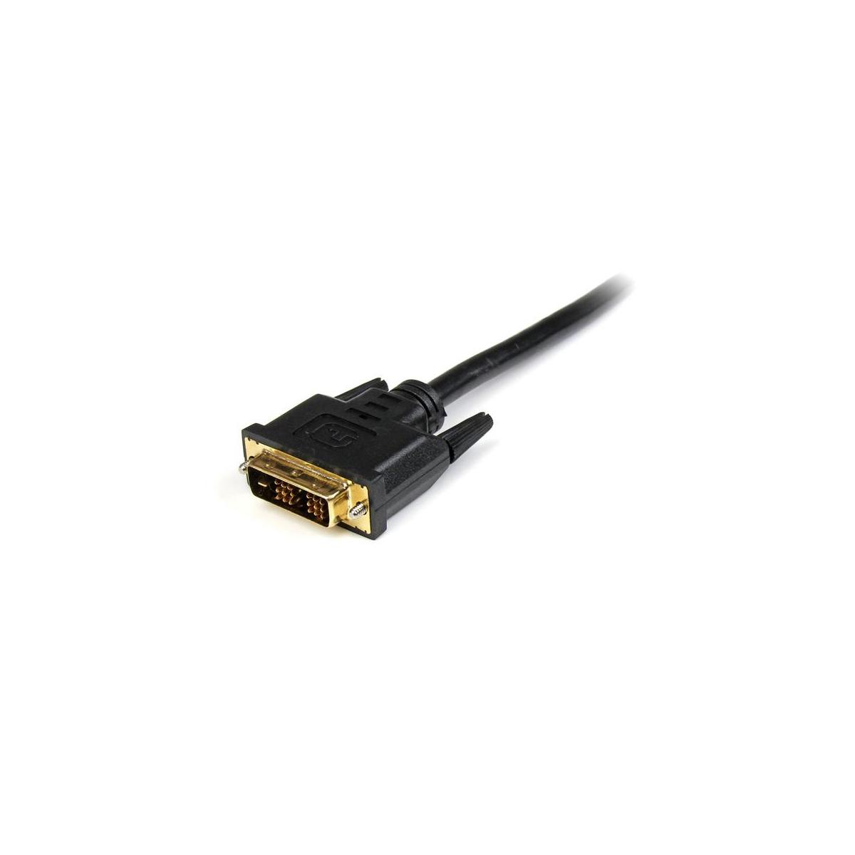 Un cable DVI negro con conectores dorados sobre fondo blanco.