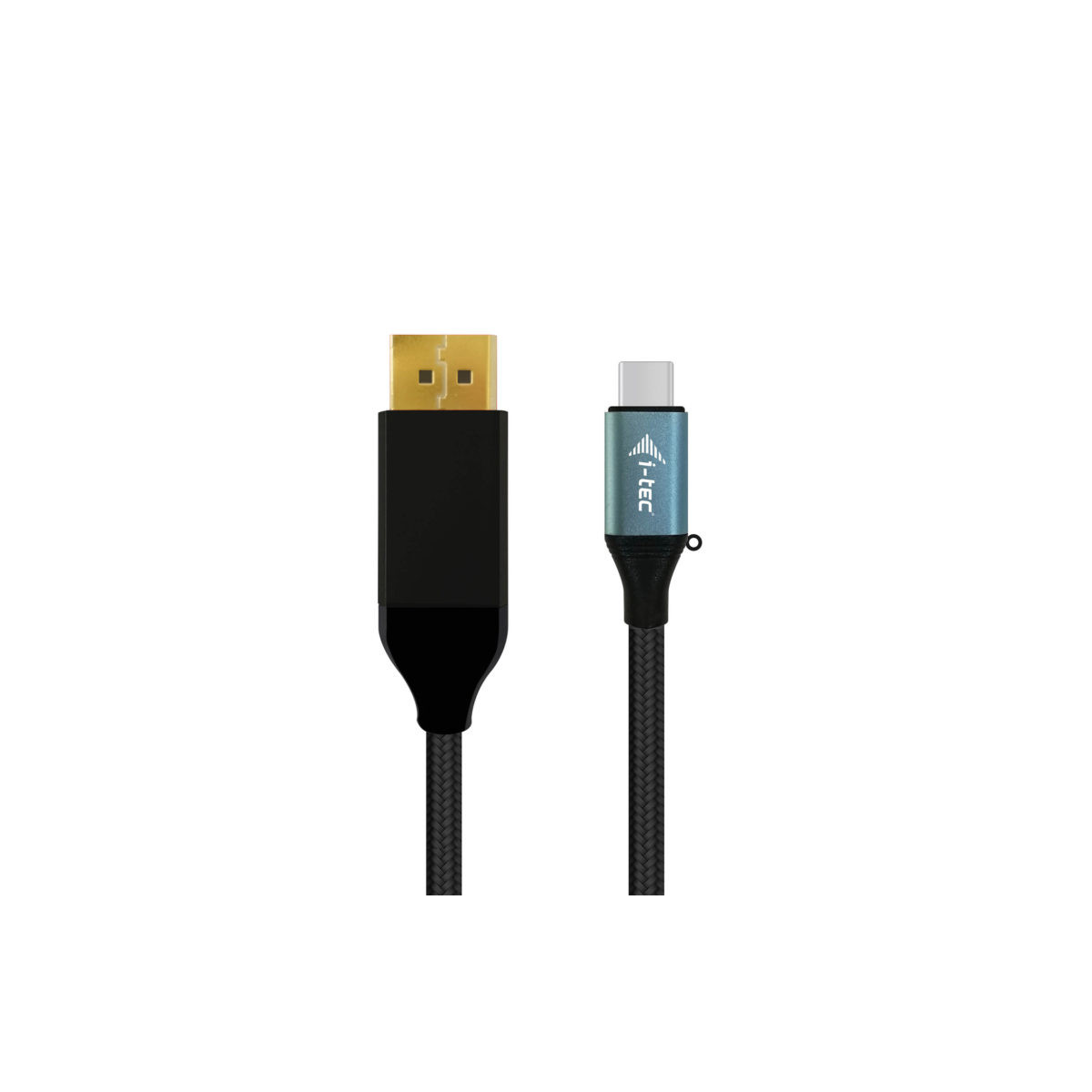 Spina DisplayPort e spina USB-C con cavo su sfondo bianco.