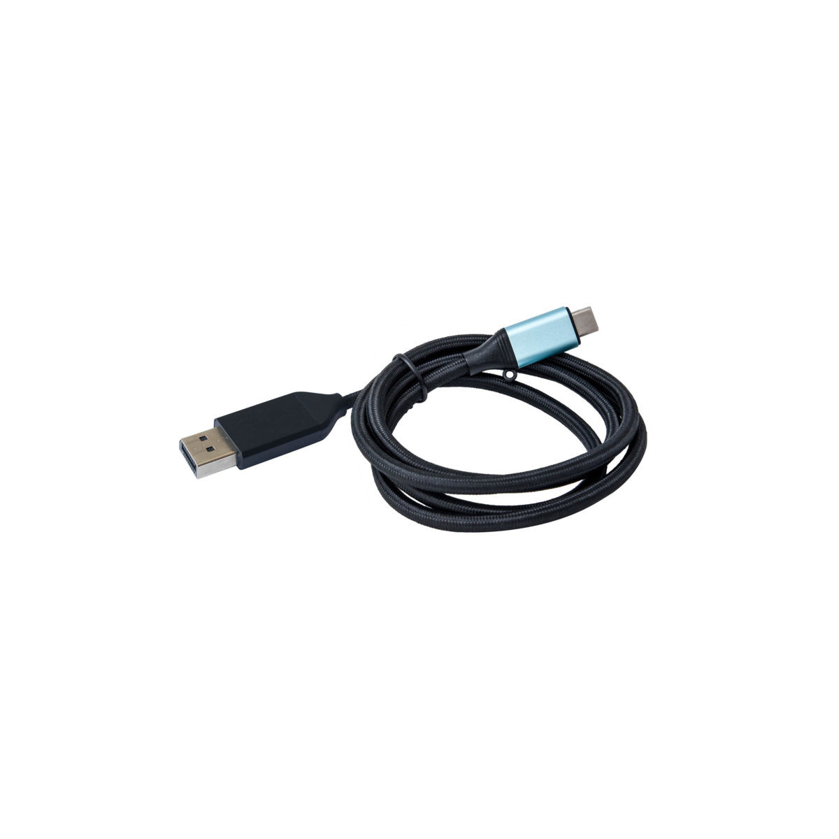 Cavo USB-C nero con connettore blu, arrotolato.