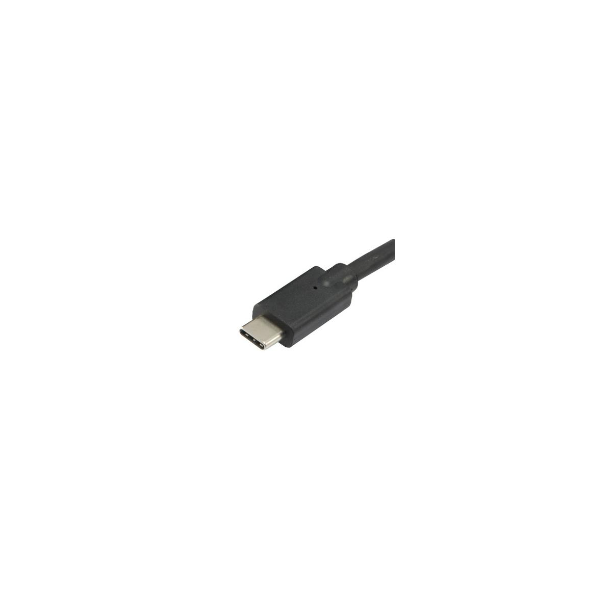 Un conector USB-C negro con cable sobre fondo blanco.
