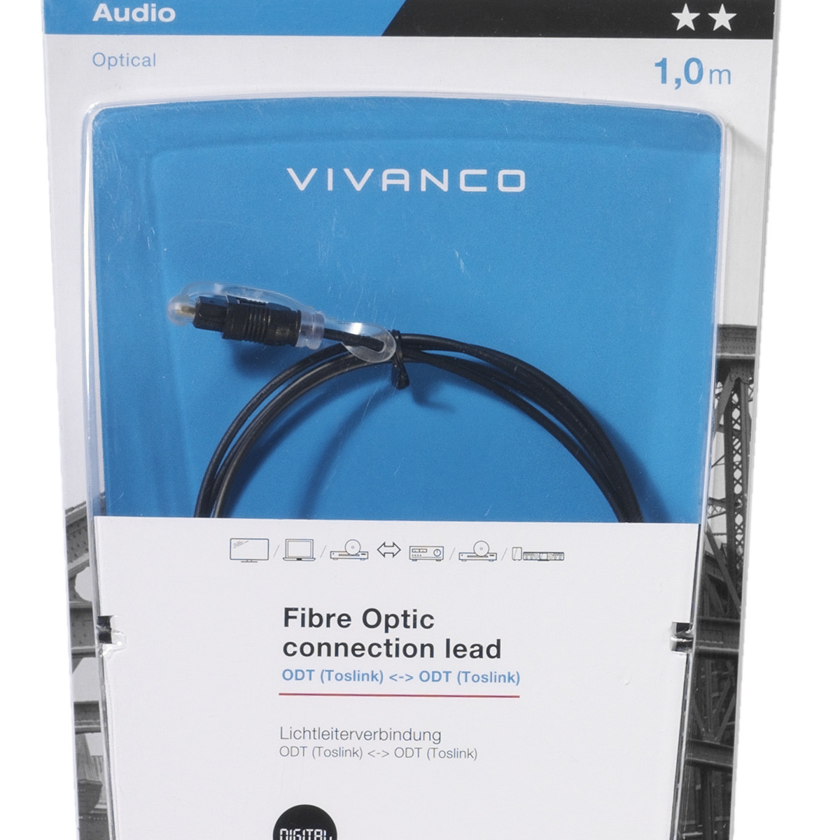 Verpackung mit einem 1,0m optischen Toslink-Kabel von Vivanco.