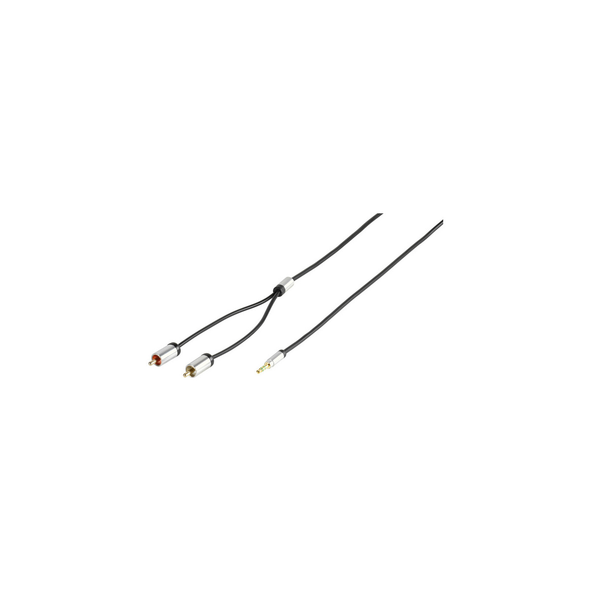 Ein schwarzes Audiokabel mit einem 3,5-mm-Stecker und zwei Cinch-Anschlüssen.