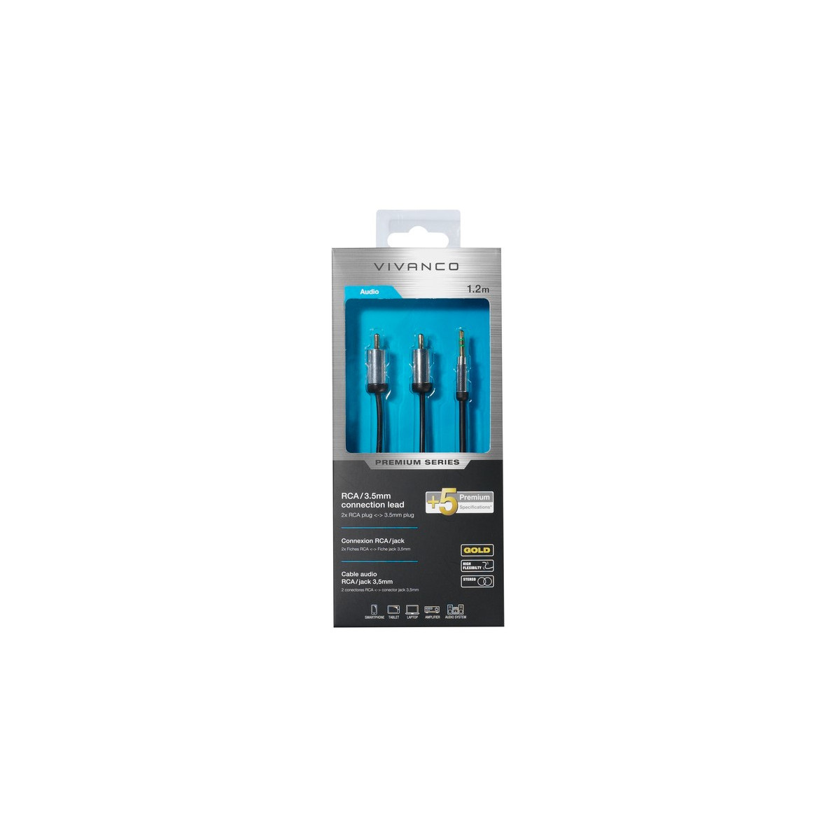 Vivanco 1,2m Audiokabel mit 2x RCA und 3,5mm Klinkensteckern.