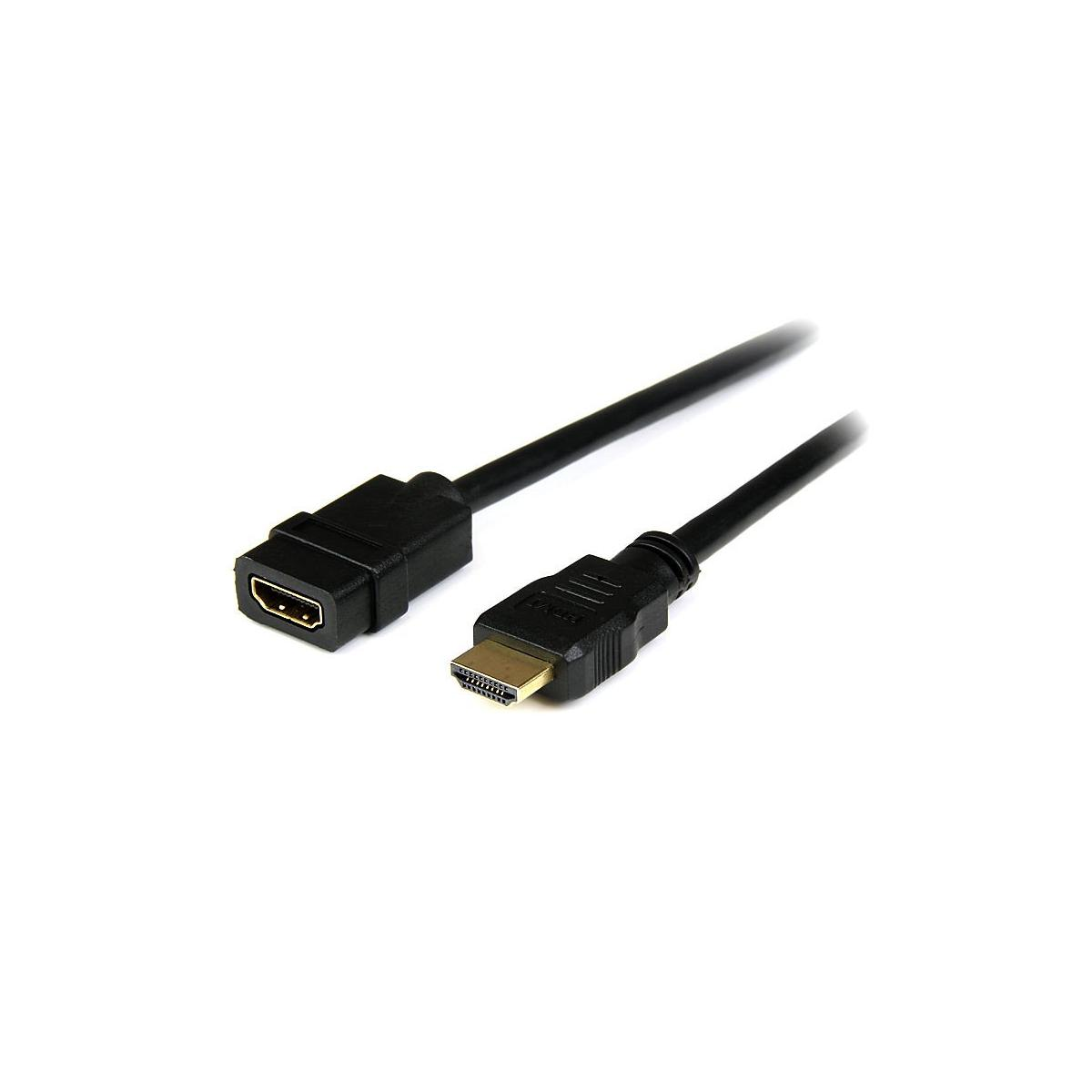 Un cable de extensión HDMI negro con un conector macho y una hembra.
