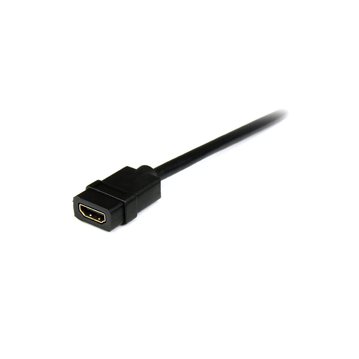 Cable HDMI negro con conector hembra sobre fondo blanco.