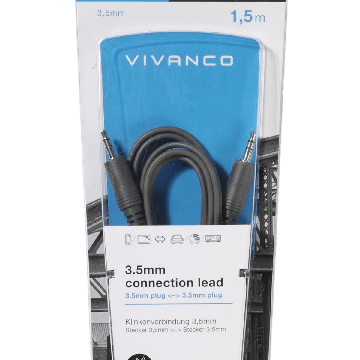 Graues 3,5-mm-Verbindungskabel mit zwei Steckern in einer Verpackung.