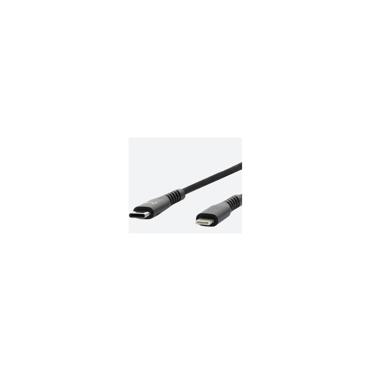 Un cavo nero da USB-C a Lightning su sfondo bianco.