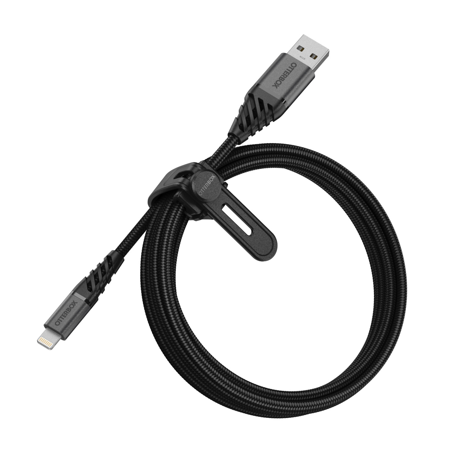 Schwarzes USB-zu-Lightning-Kabel mit Otterbox-Logo, aufgerollt und gesichert.
