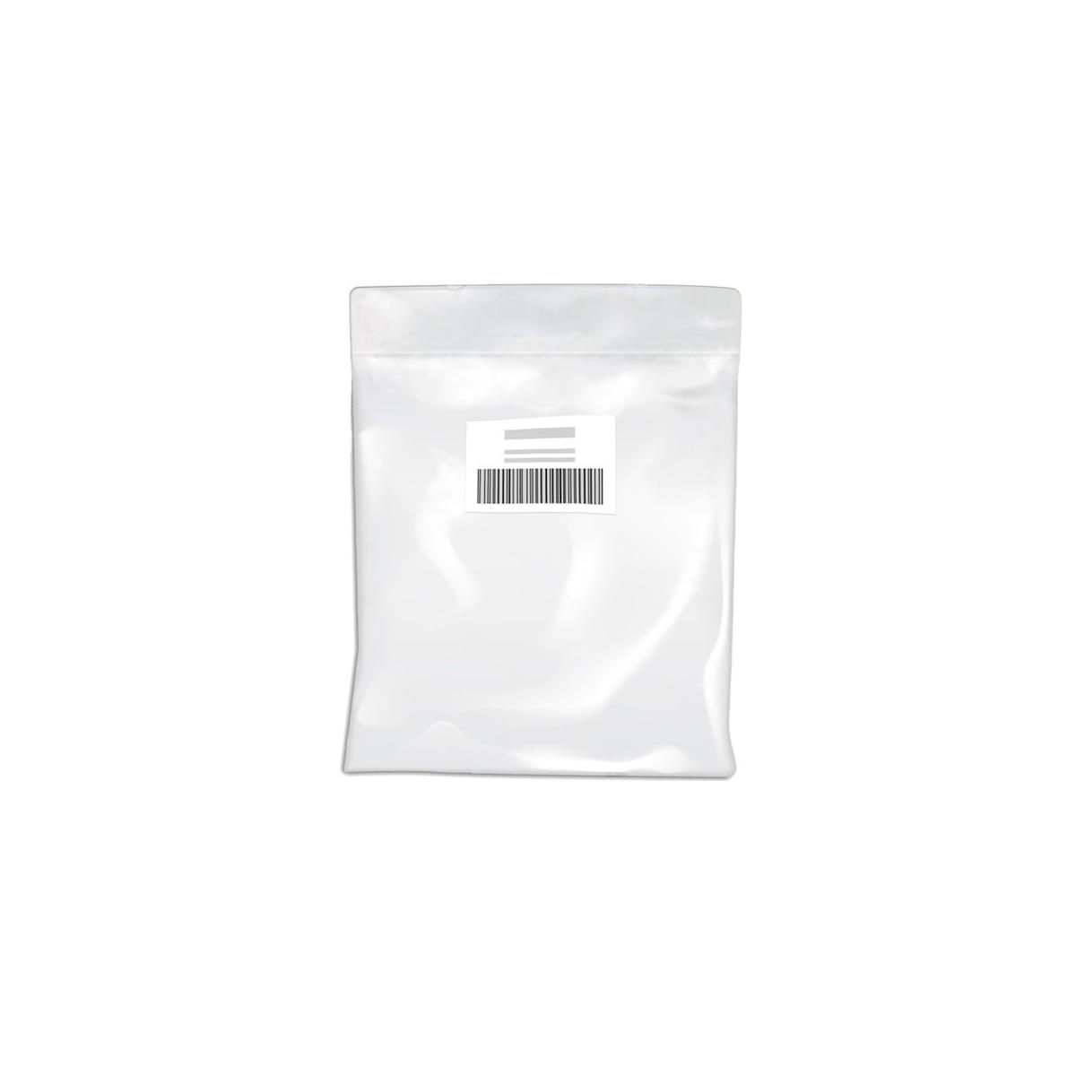 Een doorzichtige plastic zak met een barcode-etiket op een witte achtergrond.