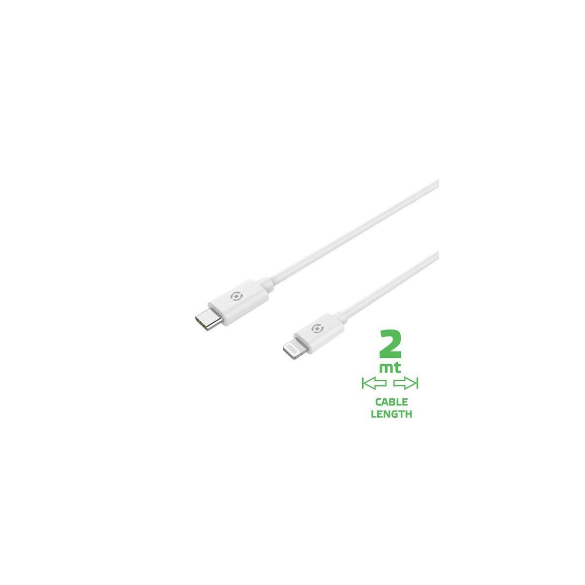 Cavo USB-C a Lightning bianco, lungo 2 metri, con connettori.