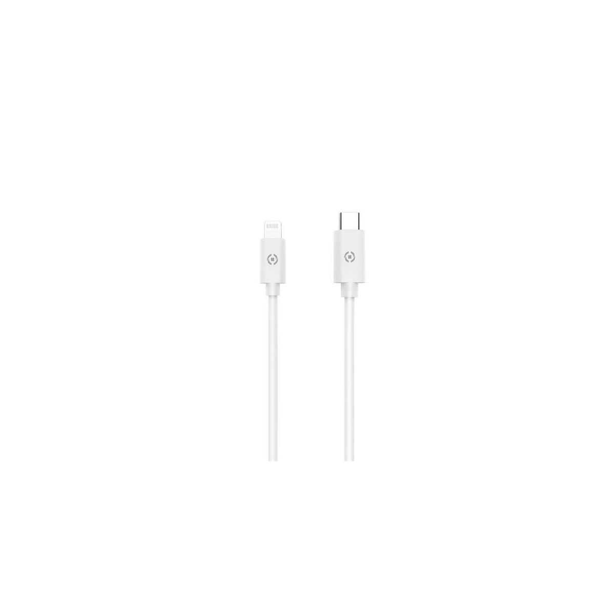 Un cavo USB-C e Lightning bianco con loghi sui connettori.