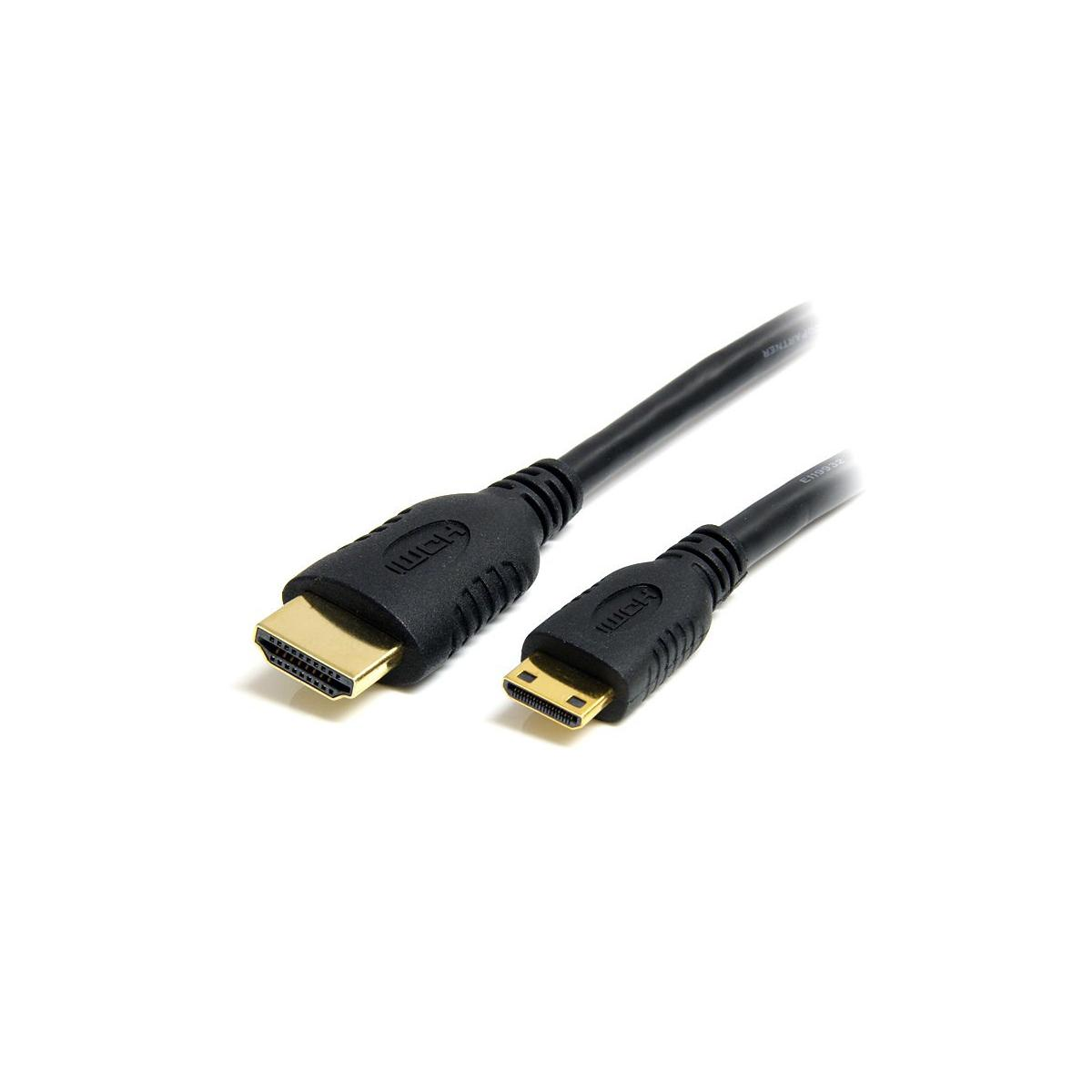 Un câble HDMI noir avec connecteurs standard et mini sur fond blanc.