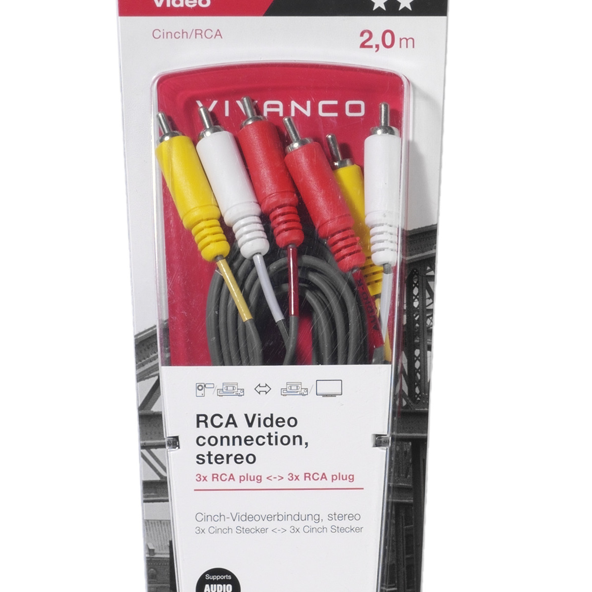 Ein Vivanco 2m RCA-Kabelpaket mit drei roten, weißen und gelben Steckern.