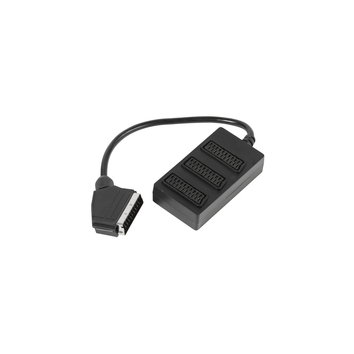 Schwarzer Scart-Splitter mit einem Stecker und drei Buchsen auf weißem Hintergrund.