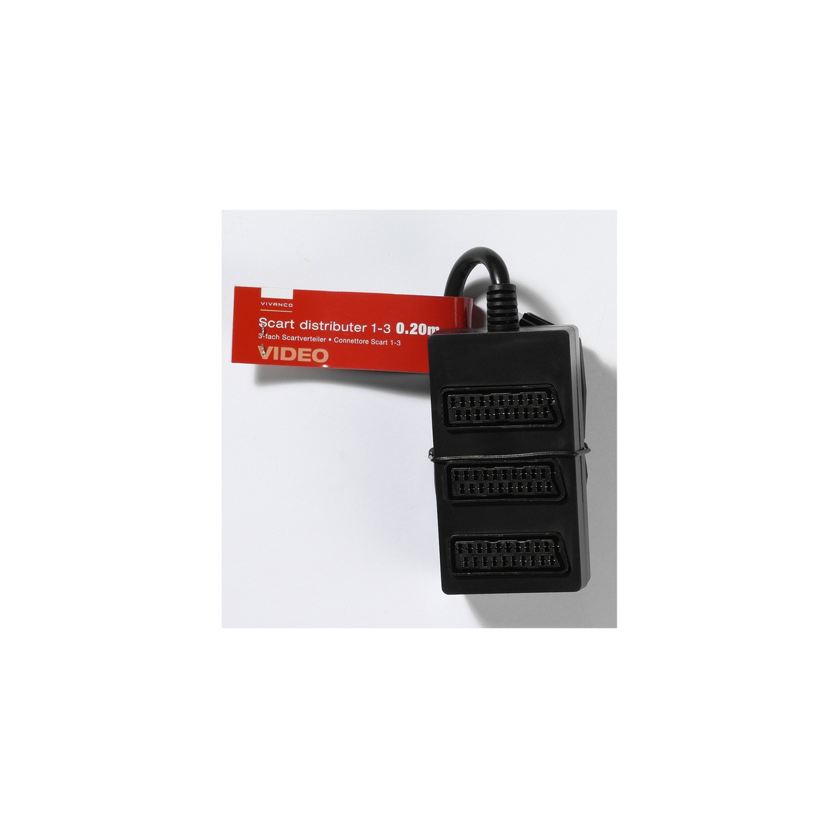 Schwarzer Scart-Verteiler mit drei Anschlüssen und rotem Etikett.