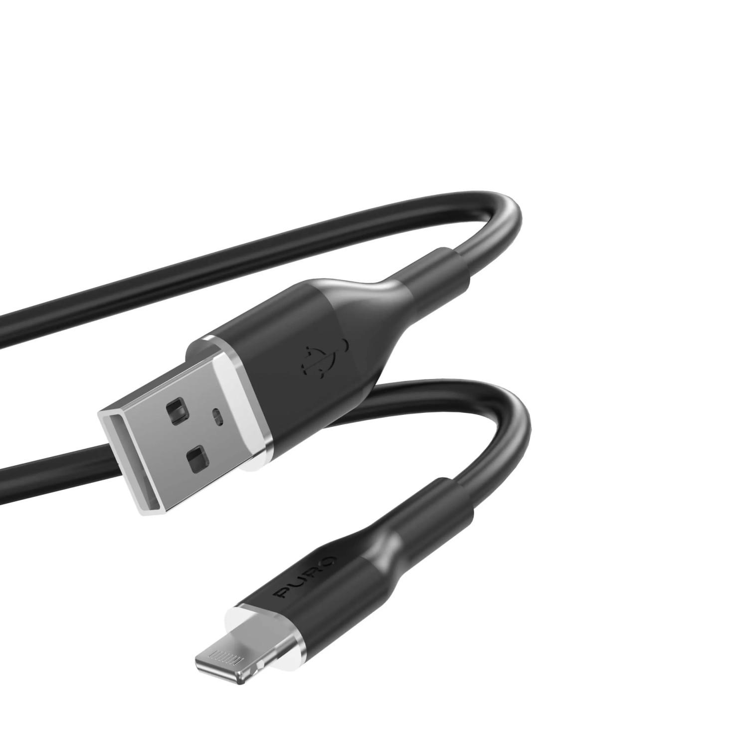 Un cavo da USB a Lightning nero con connettori in metallo su sfondo bianco.