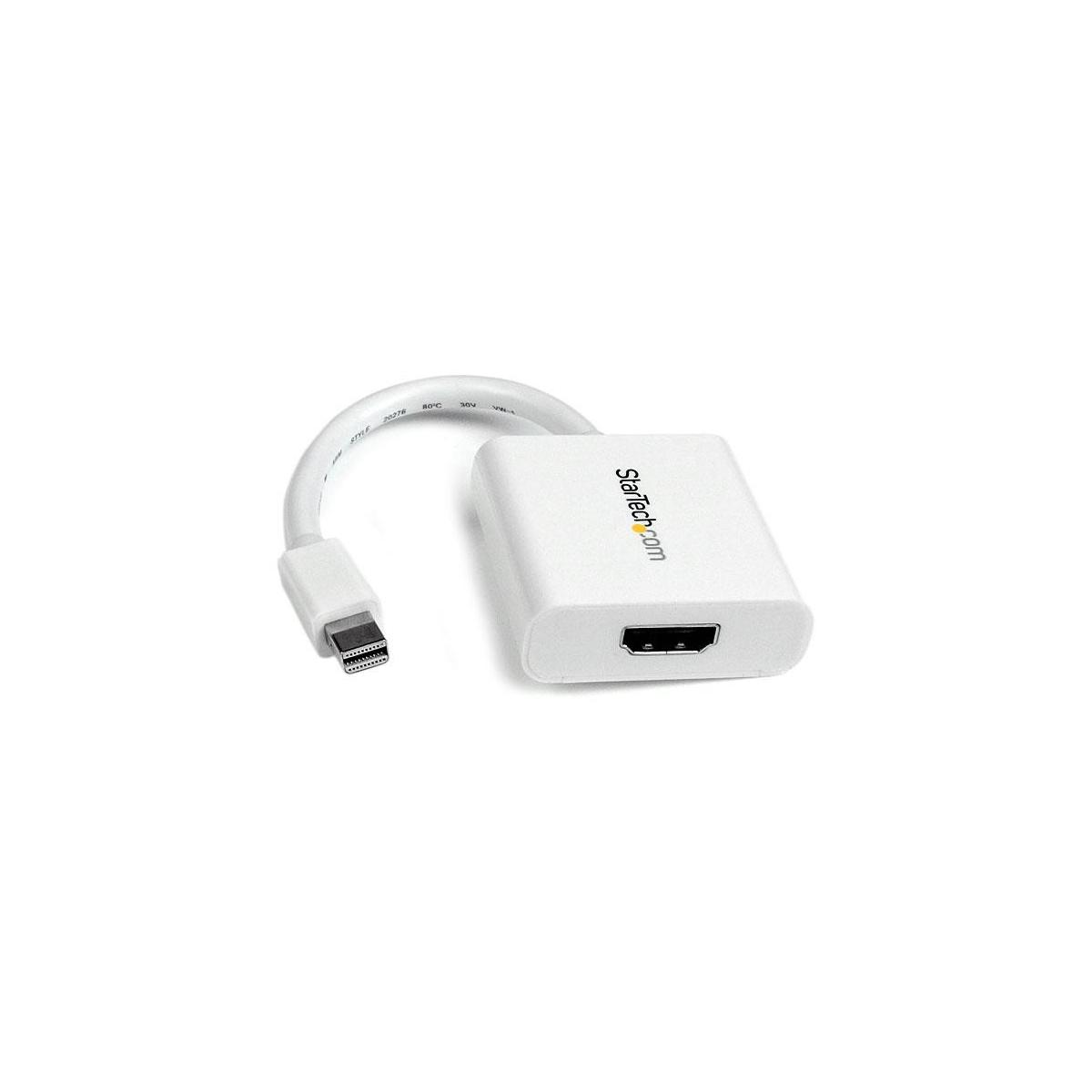 Ein weißer HDMI-Adapter mit Mini-DisplayPort-Stecker auf weißem Hintergrund.