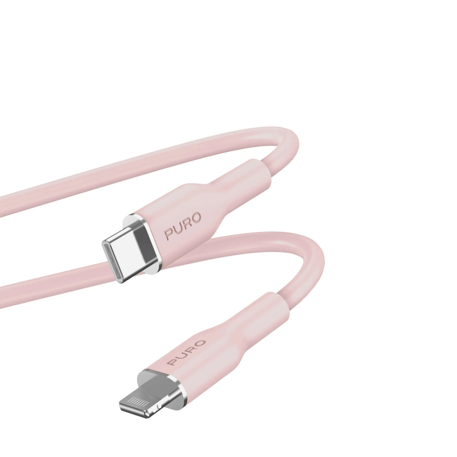 Un cavo da USB-C a Lightning rosa con connettori argentati.