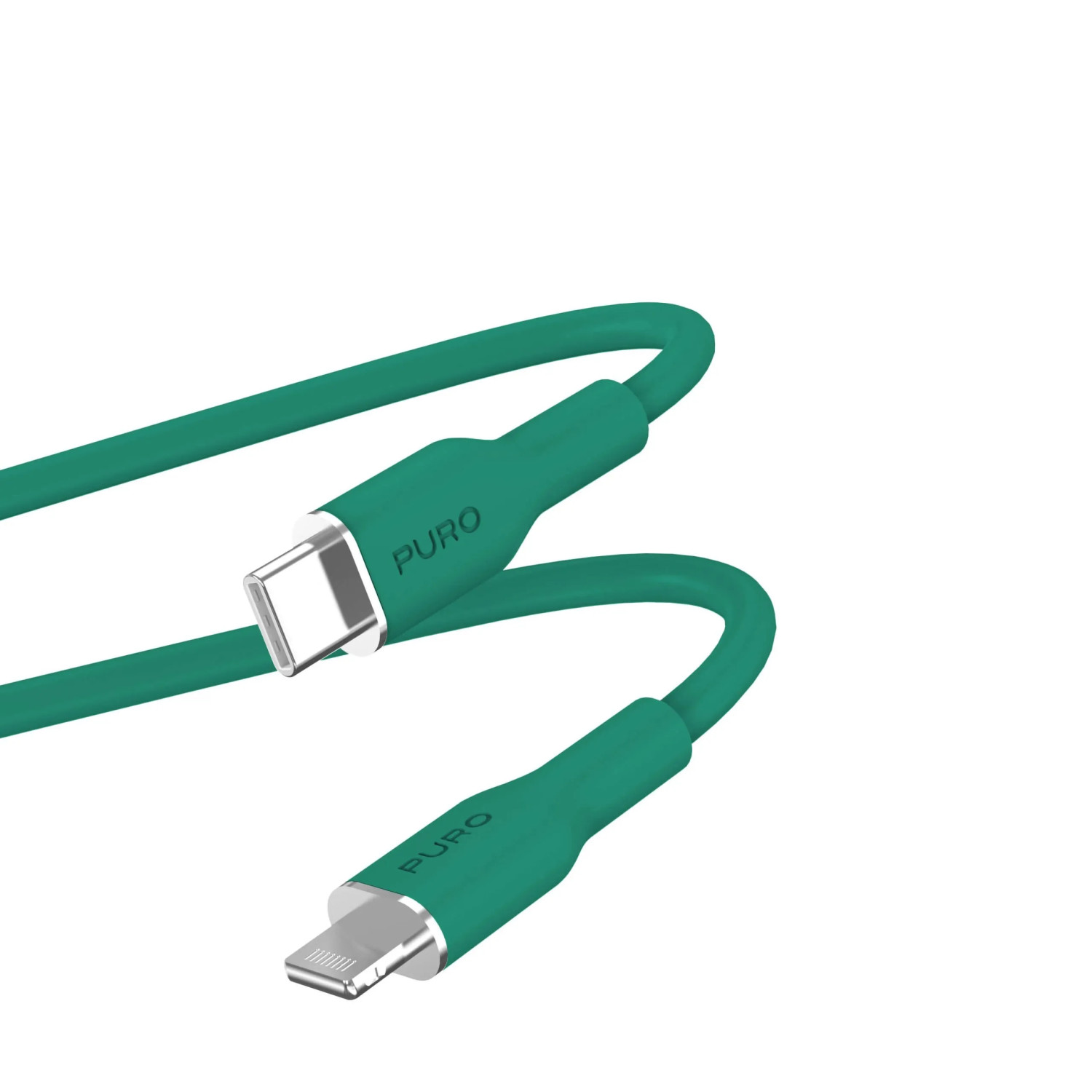 Un cavo PURO verde con connettori USB-C e Lightning su sfondo bianco.