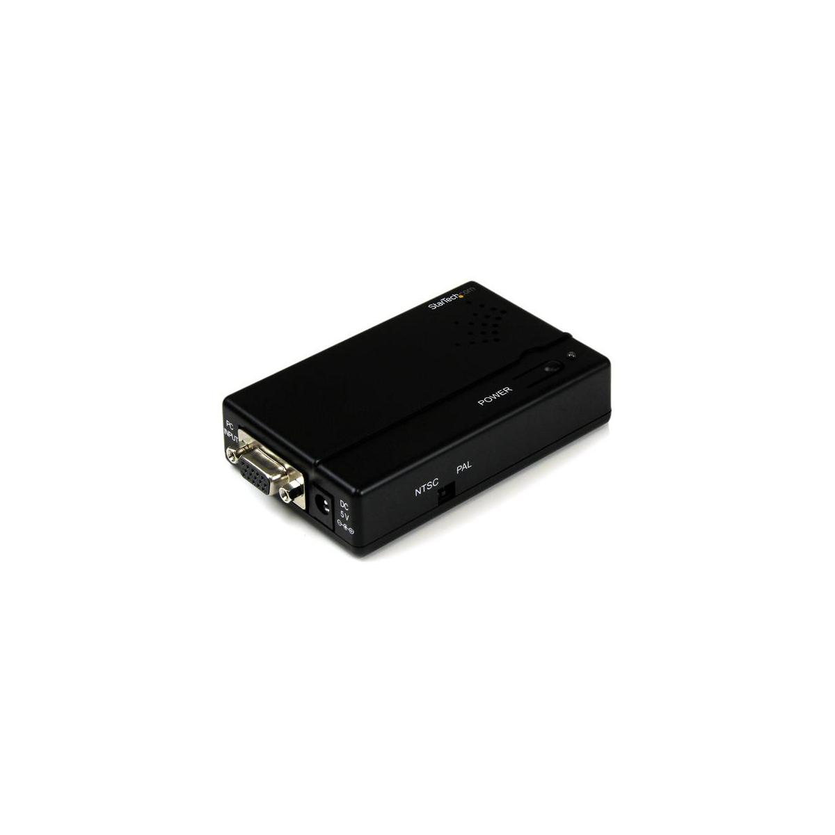 Dispositivo electrónico negro con puertos y etiquetas como 'Power', 'NTSC', 'PAL'.