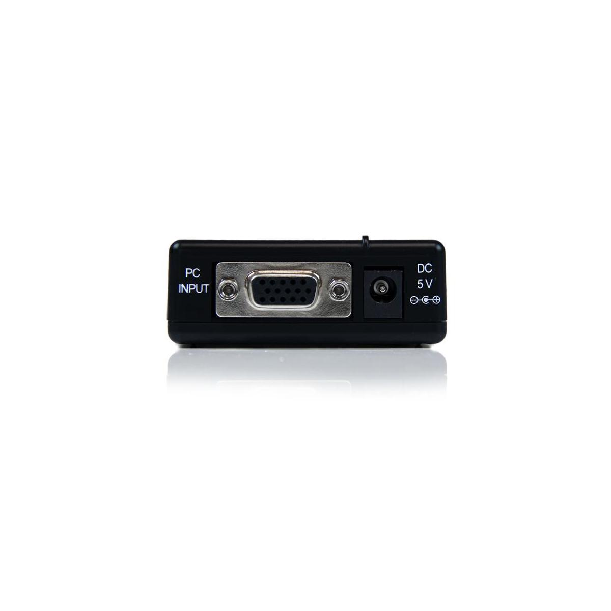 Carcasa negra con entrada VGA y conector de alimentación CC de 5V.