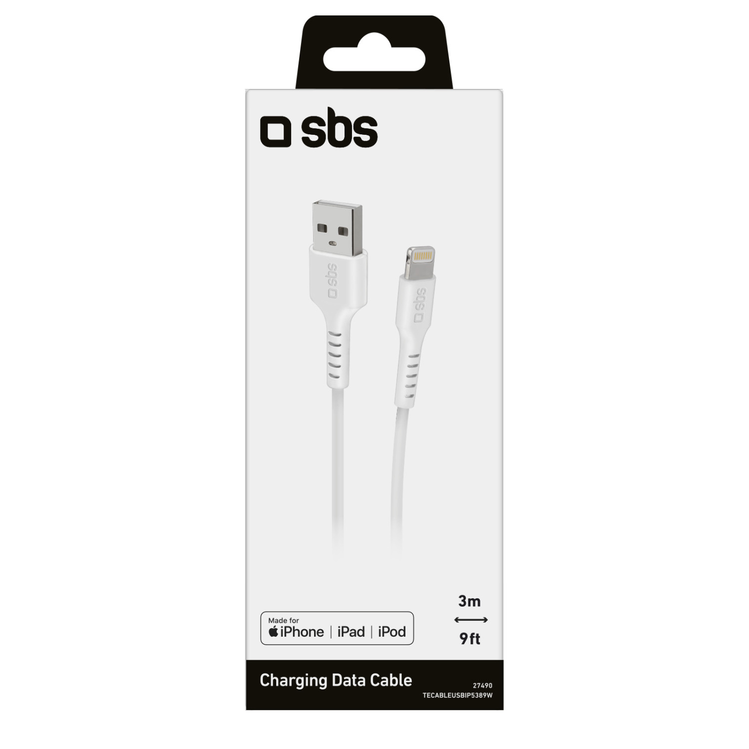 Confezione di un cavo dati e di ricarica bianco con connettori USB-A e Lightning.