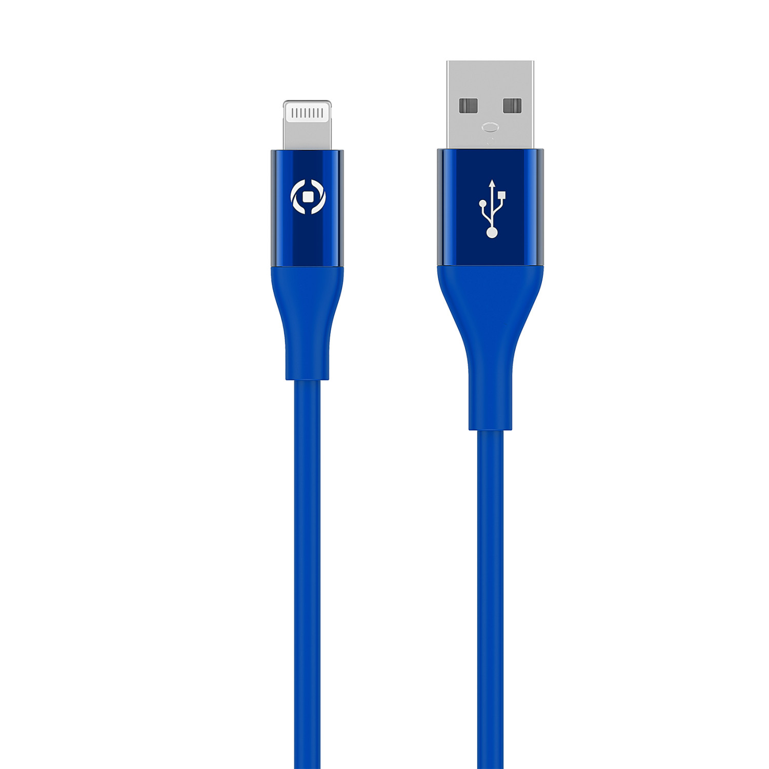 Un cable azul de USB a Lightning con conectores plateados y un logo.