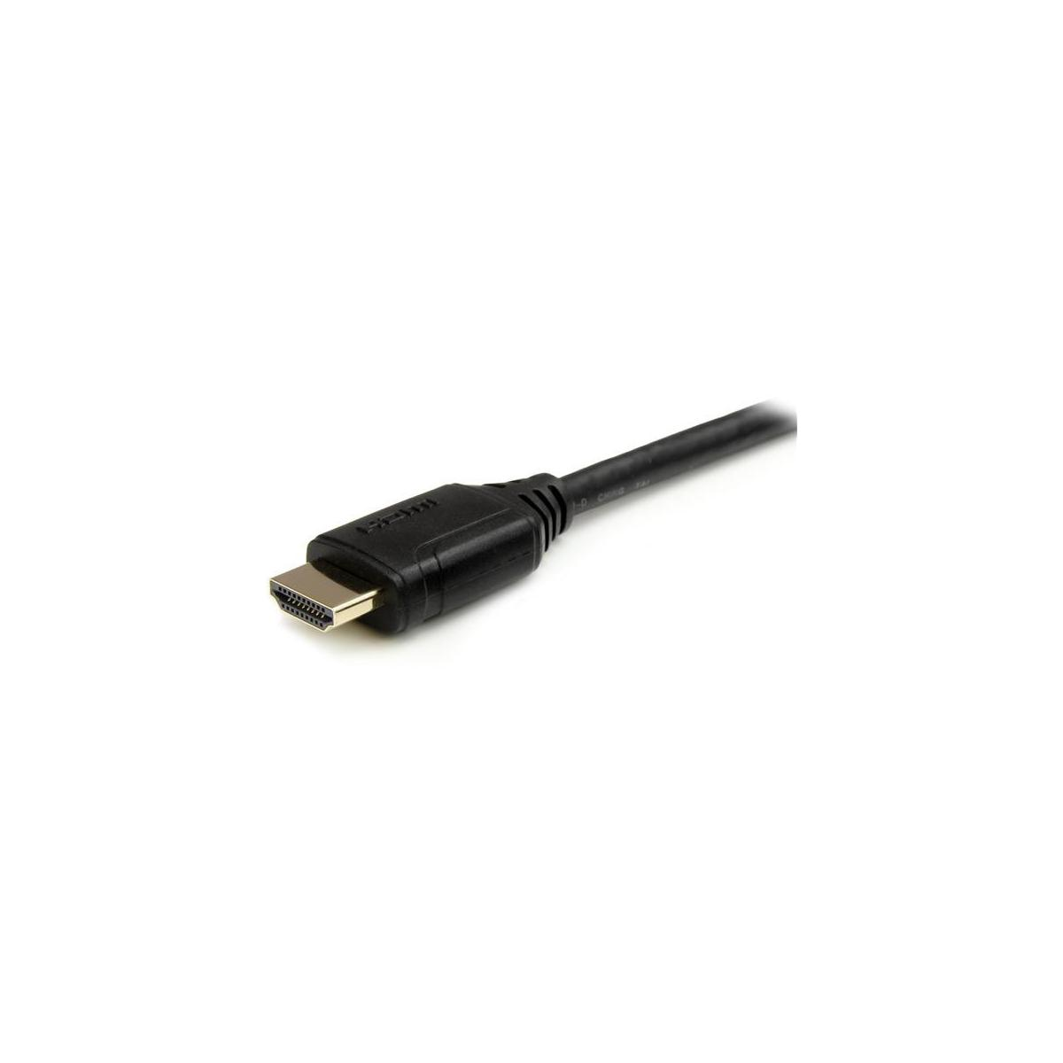 Câble HDMI noir avec connecteur doré sur fond blanc.