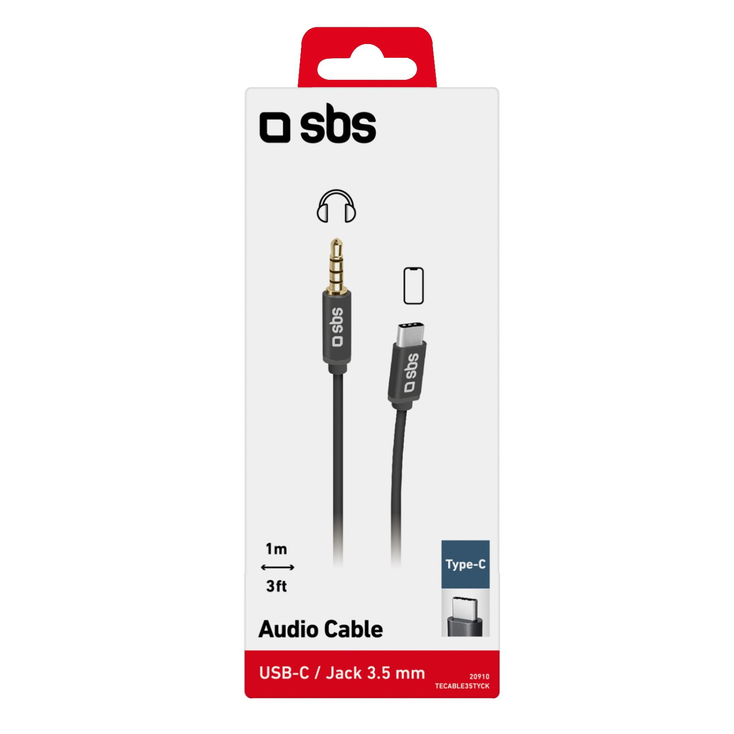 SBS Audiokabel-Verpackung: USB-C auf 3,5-mm-Klinke, 1m/3ft, schwarz.