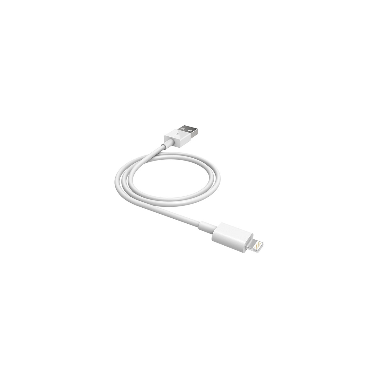 Un cavo bianco da USB a Lightning con entrambi i connettori visibili.