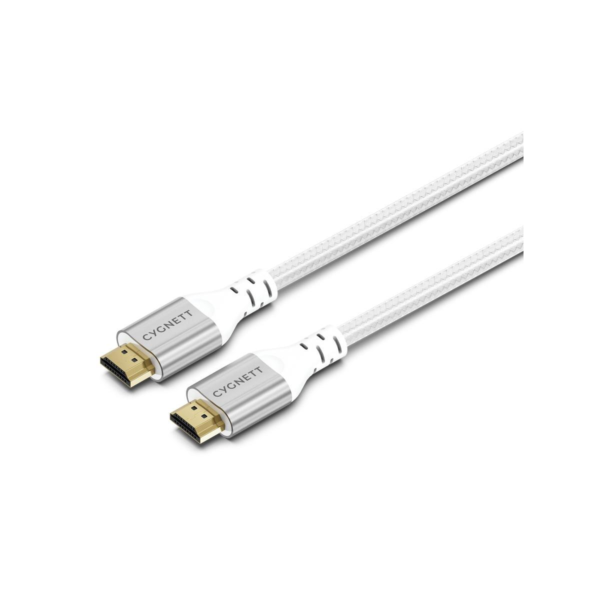 Zwei weiße HDMI-Kabel mit goldenen Anschlüssen und silbernen Enden.