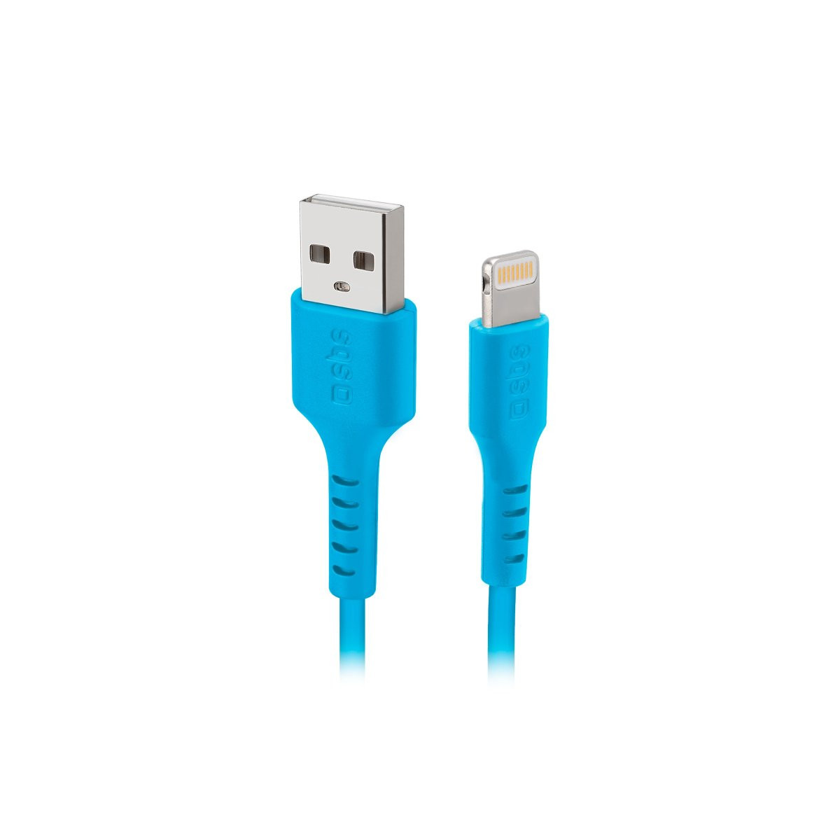 Un cavo blu da USB-A a Lightning con logo SBS su sfondo bianco.