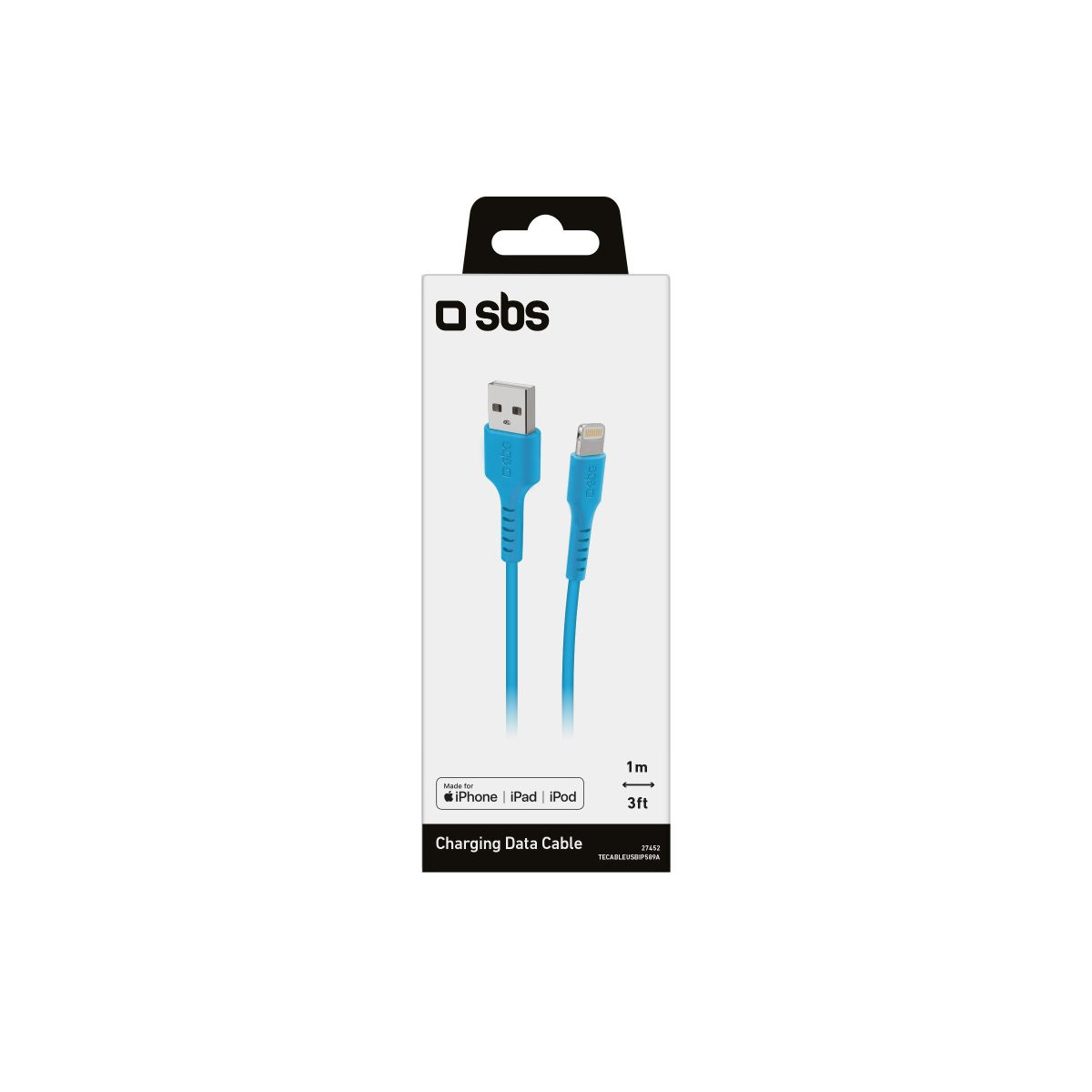 Un cavo di ricarica SBS blu con connettori USB-A e Lightning su confezione bianca.