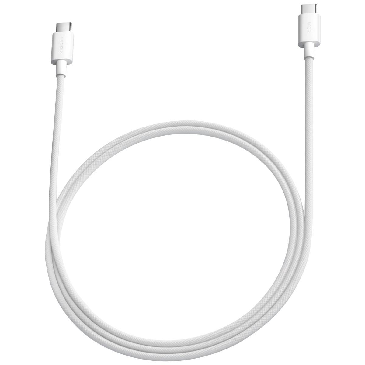 Ein weißes USB-C-Kabel mit zwei Anschlüssen und einem gewickelten Kabel.