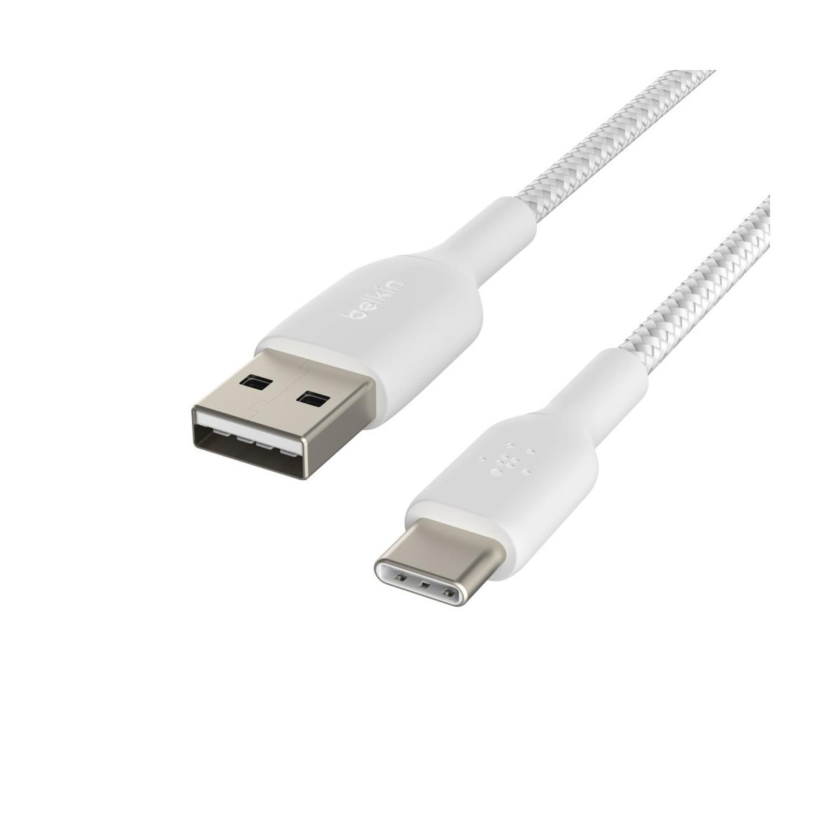 Witte USB-A naar USB-C kabel met gevlochten stof en zilveren connectoren.