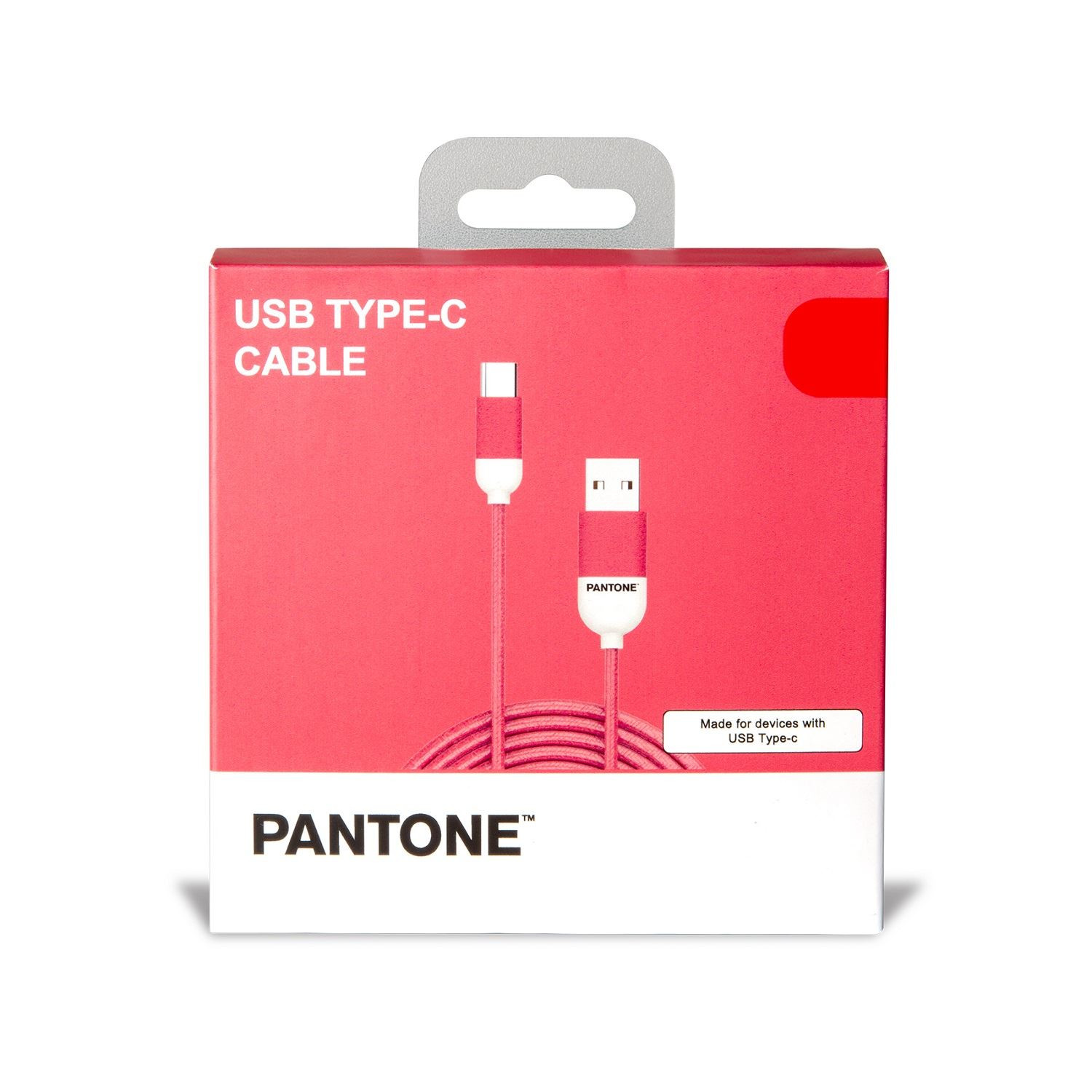 Pantone red USB Type-C cable packaging with connector illustrations.