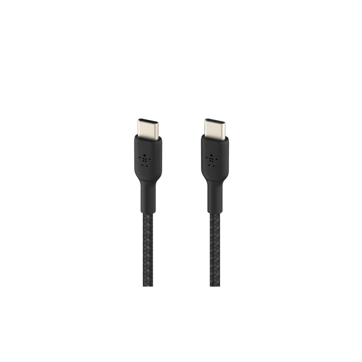 Deux câbles USB-C noirs avec tissu tressé et logo Belkin.