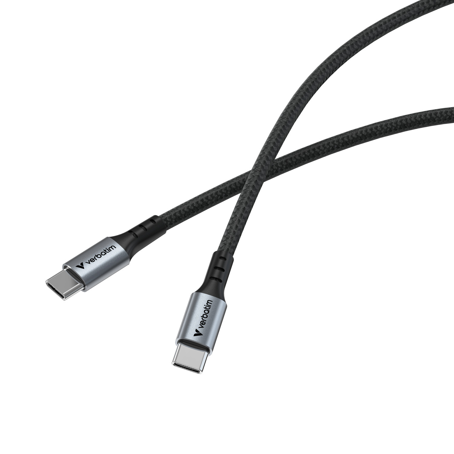 Twee zwarte USB-C kabels met zilveren connectoren en Verbatim logo.