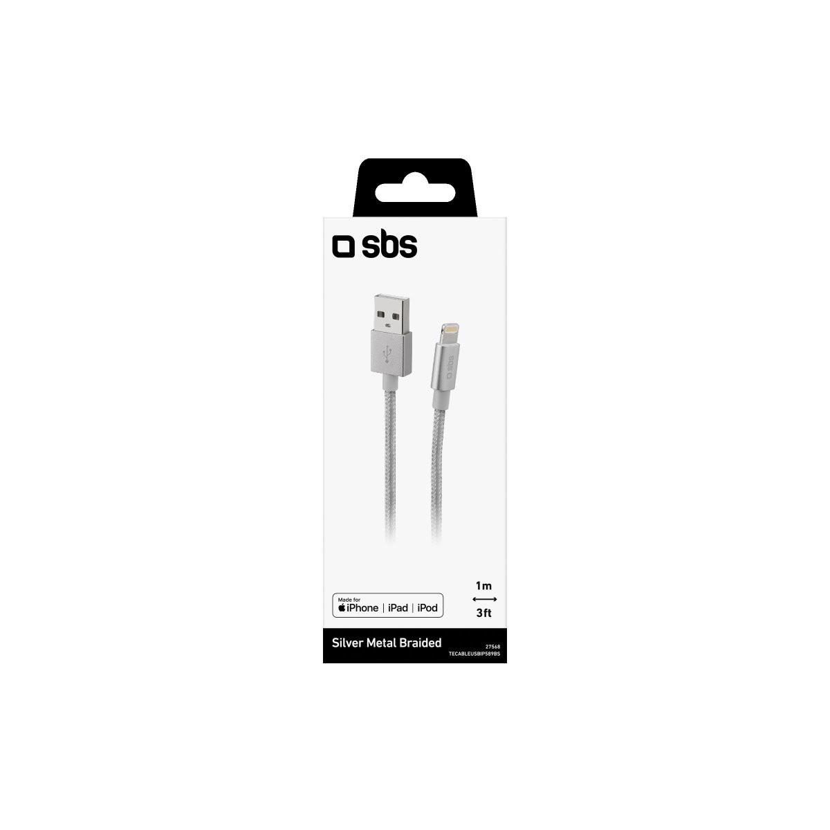 Cavo di ricarica SBS argentato intrecciato, 1m, con connettori USB-A e Lightning.