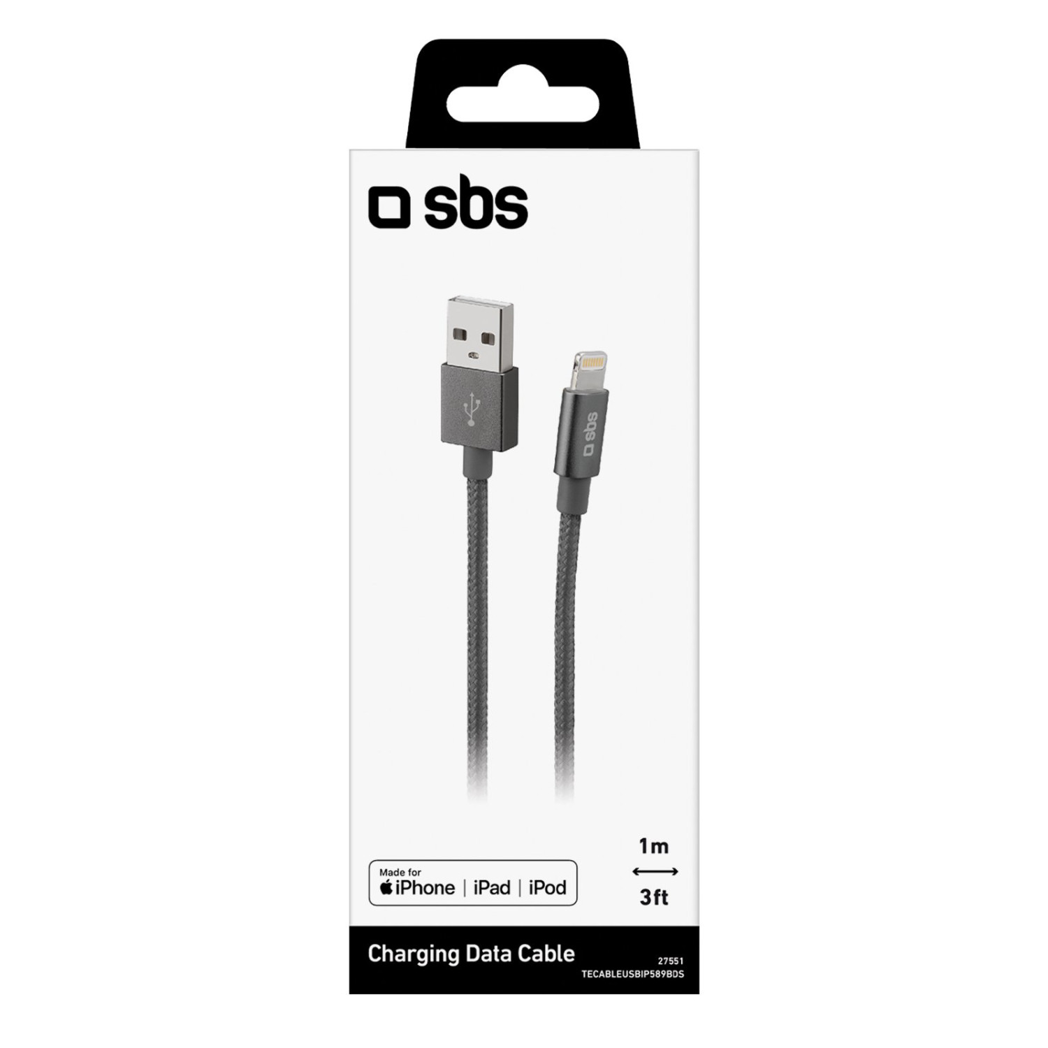 Cavo dati di ricarica SBS, da USB-A a Lightning, 1m, grigio intrecciato.