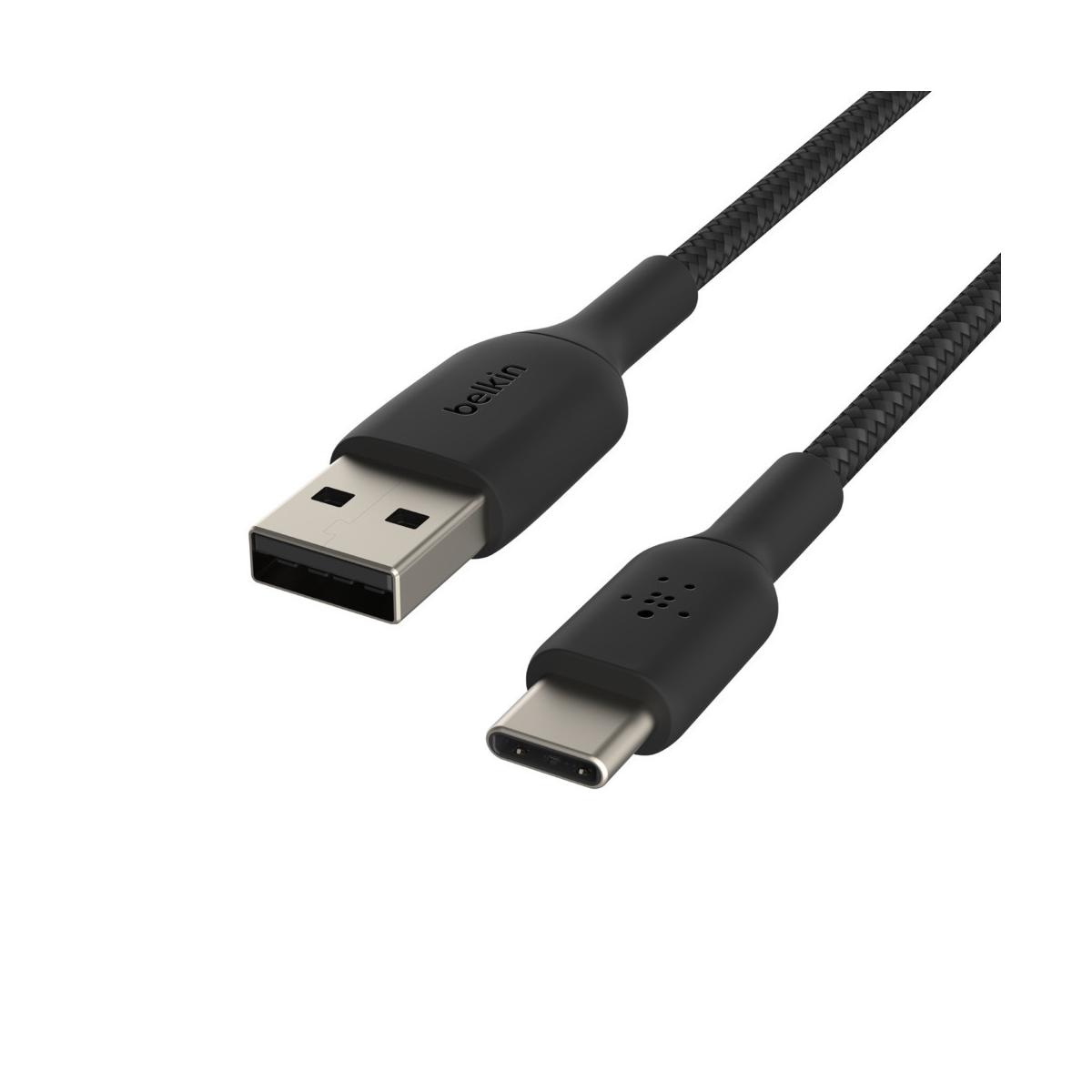Zwarte USB-A naar USB-C kabel met gevlochten patroon.