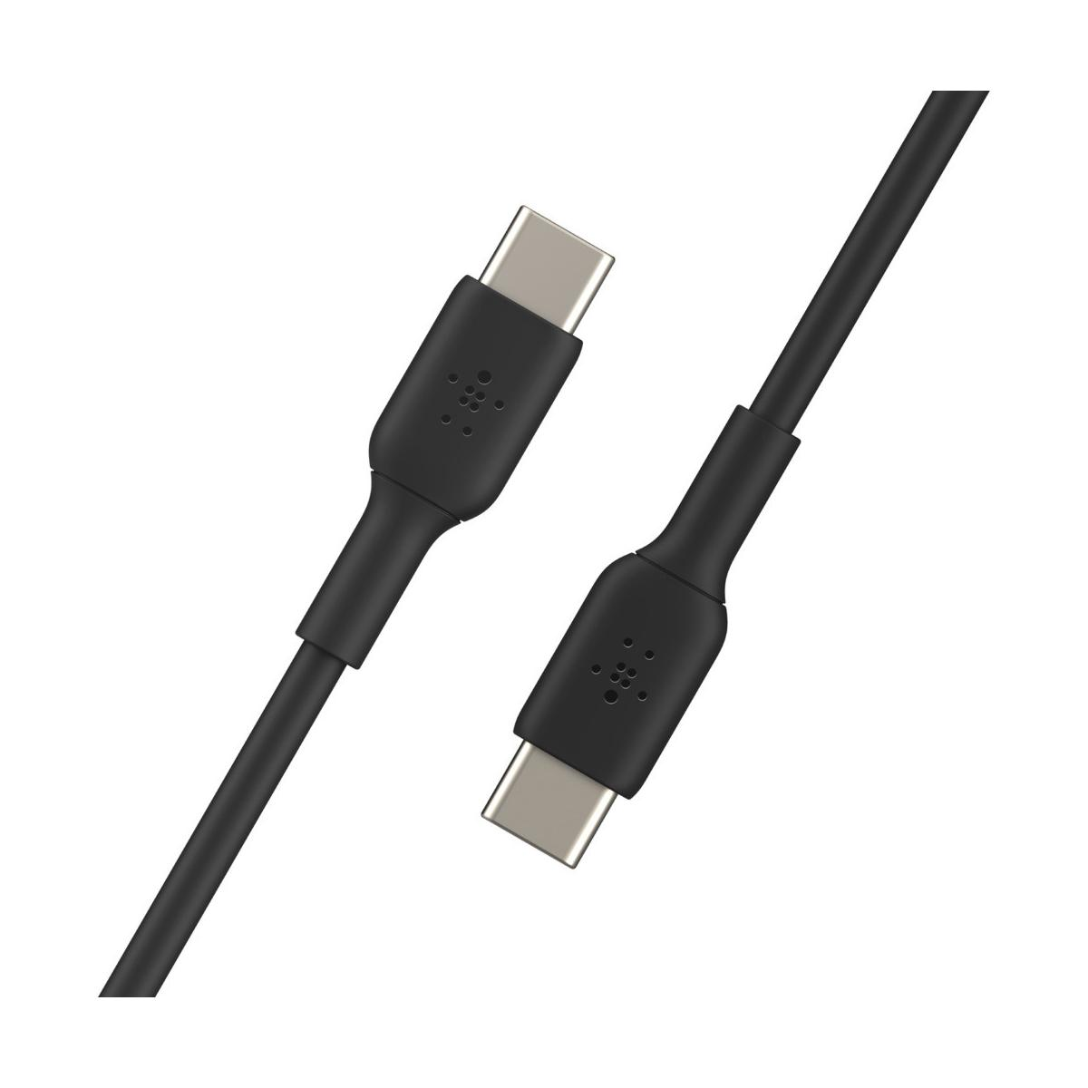Un cavo USB-C nero con due connettori su sfondo bianco.