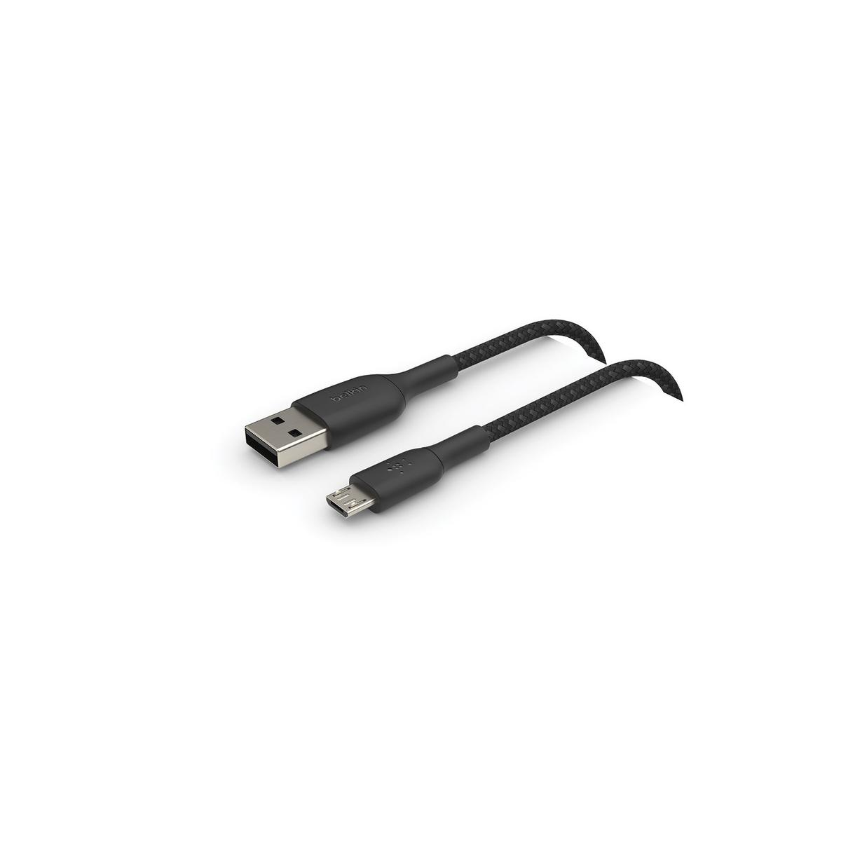 Cavo USB a Micro USB nero con tessuto intrecciato e connettore USB-A argentato.
