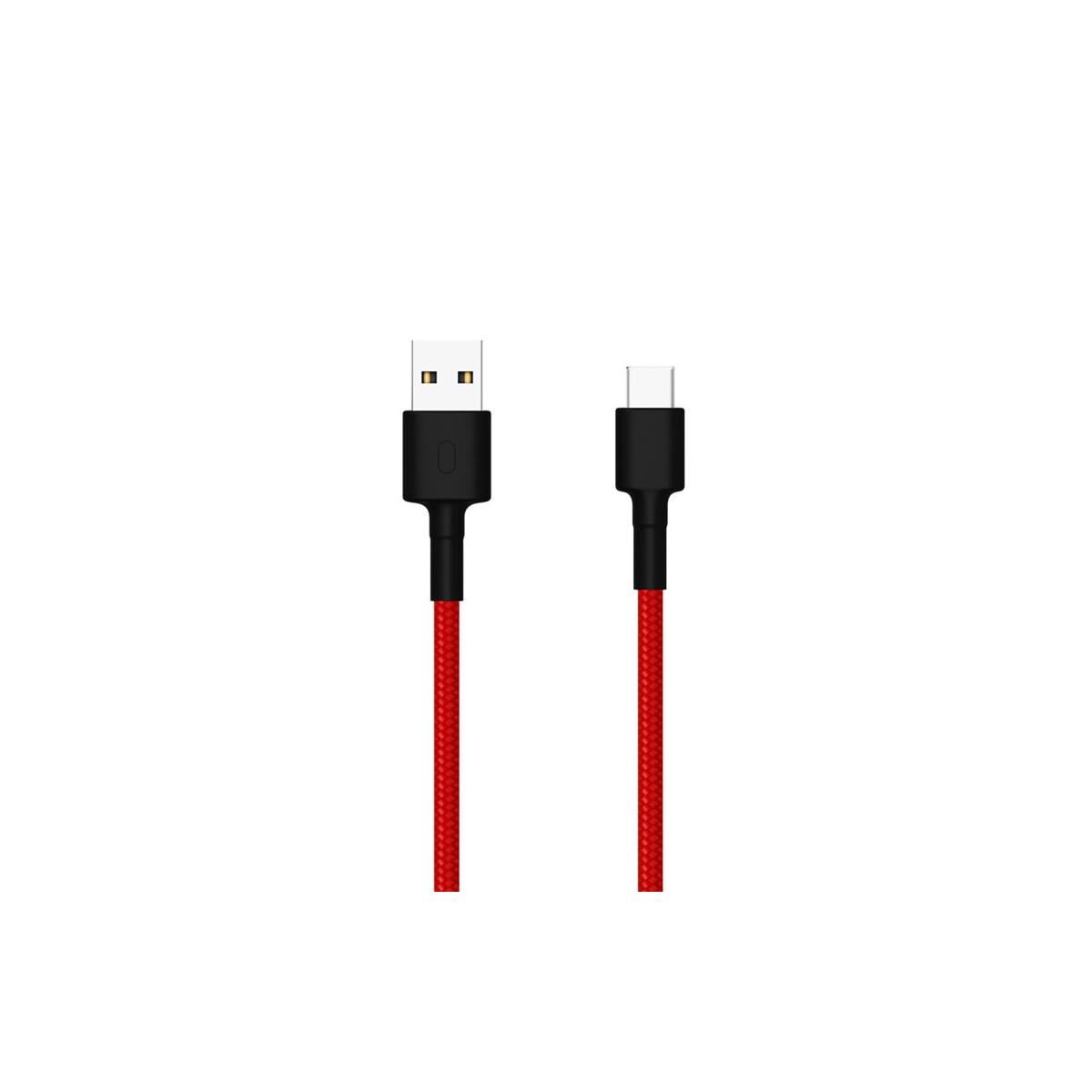 Un câble USB-A vers USB-C rouge avec connecteurs noirs.