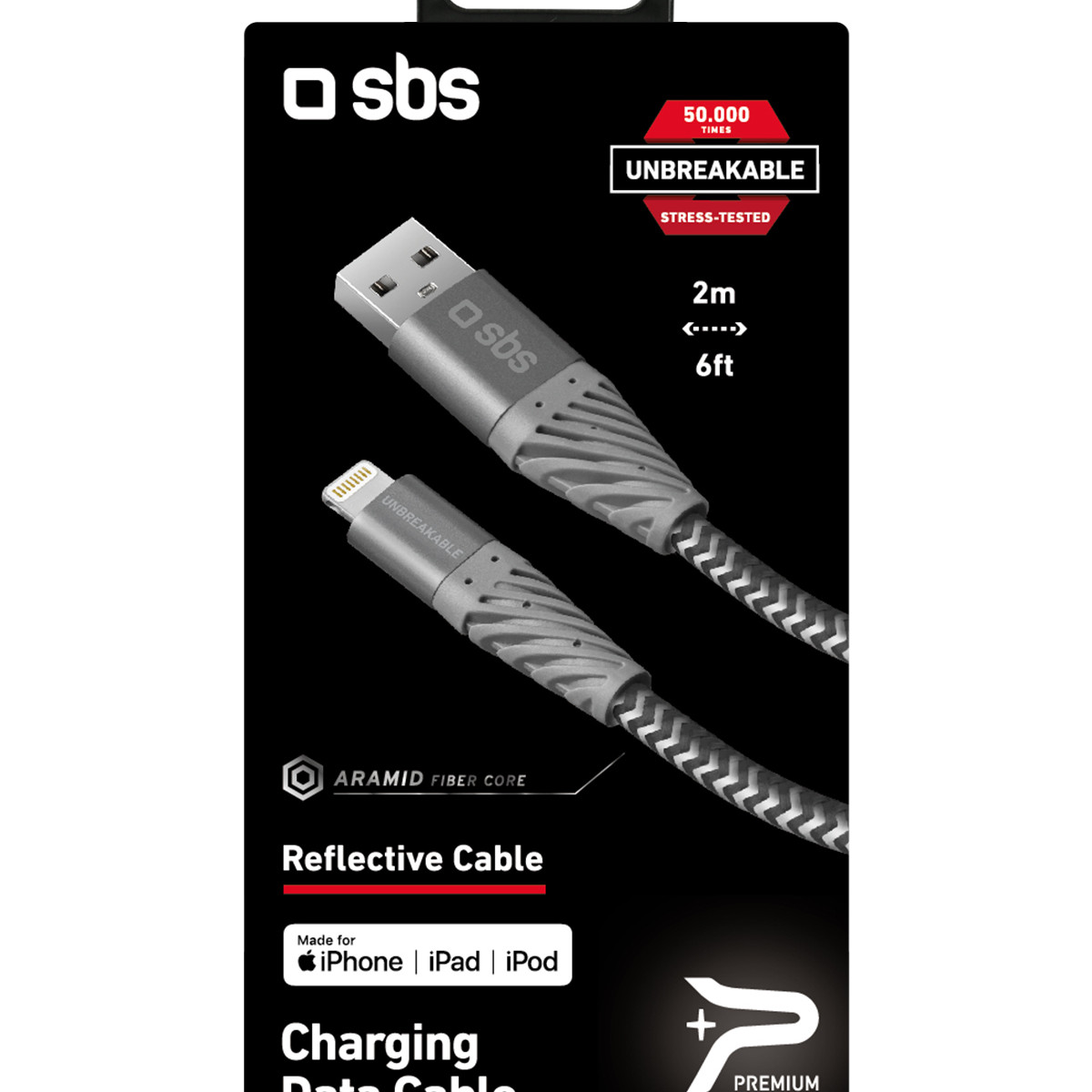 Cavo di ricarica riflettente SBS, indistruttibile, 2m/6ft, per iPhone/iPad/iPod.