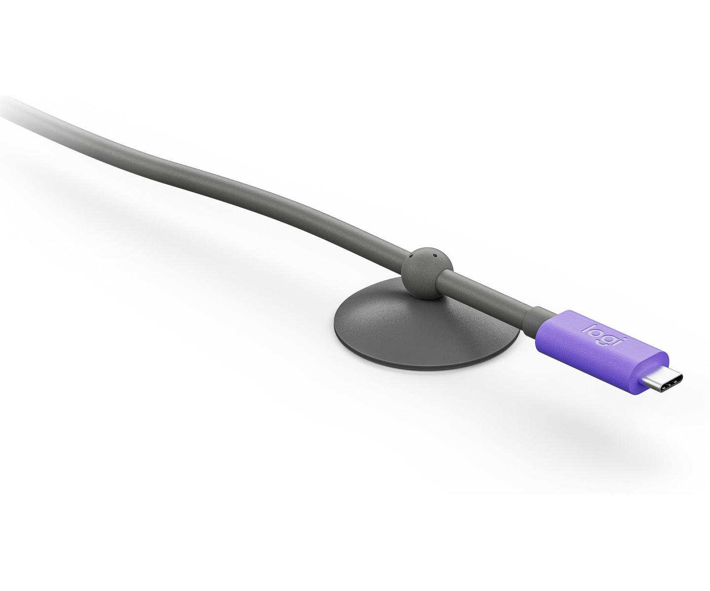 Cavo grigio con connettore USB-C viola e base rotonda.