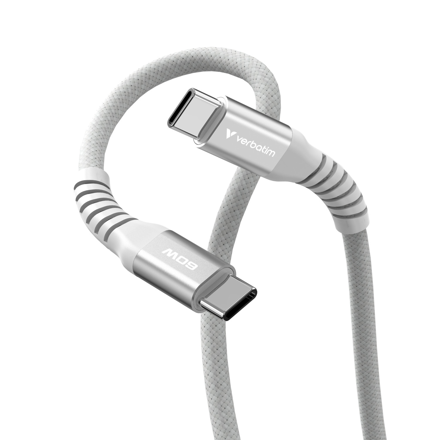 A white USB-C cable with silver connectors and 60W marking.