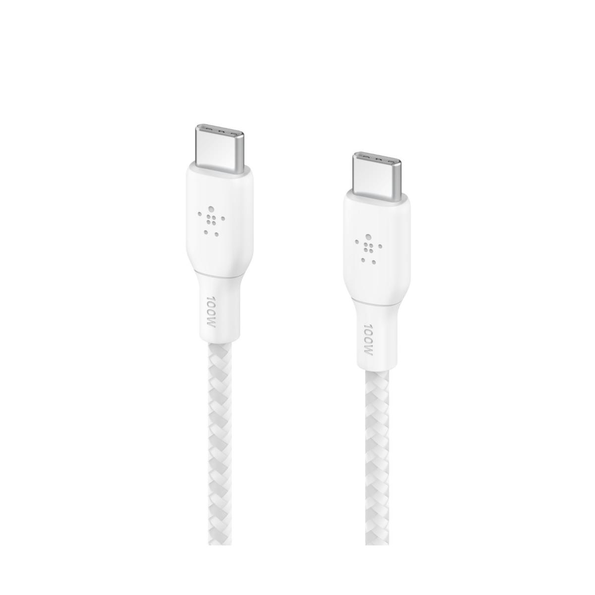 Due cavi USB-C bianchi con marcatura 100W e cavi intrecciati.