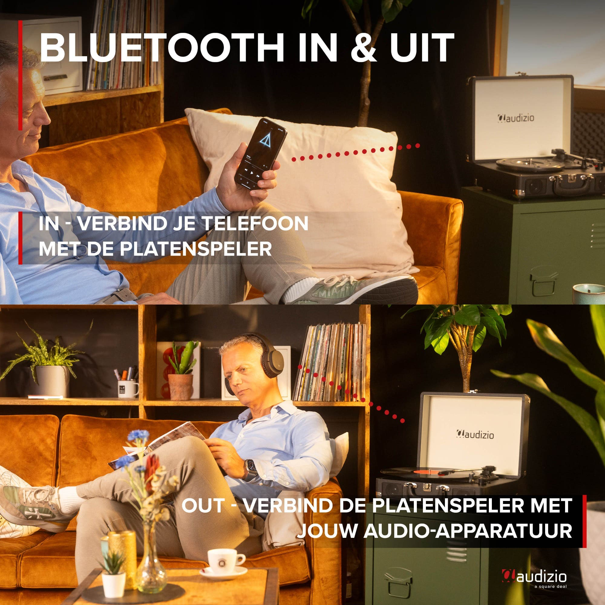Hombre conecta móvil por Bluetooth a tocadiscos y escucha música.